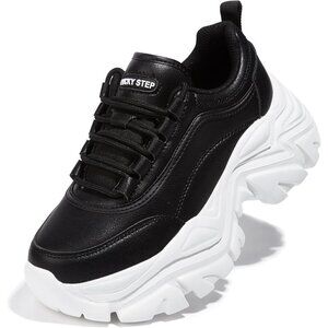 Brand New Women Black/White Rubber LUCKY STEP Chunky Platform Walking Sneaker